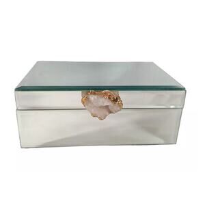 Mirrored Glass Hinged 8" Trinket Jewelry Box W/ Amethyst Geode Knob Gold Trim